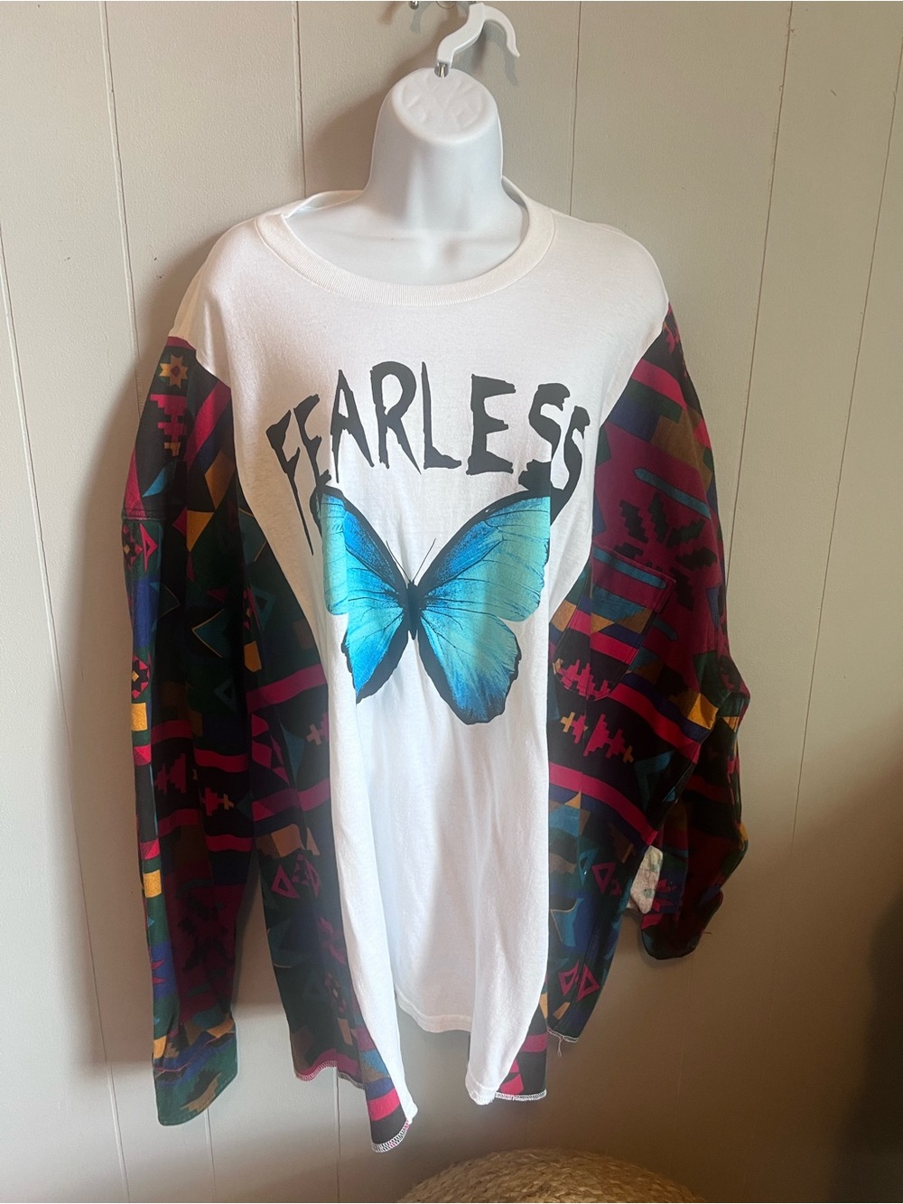 Repurposed Fearless White Sweatshirt with Blue Butterfly and Patterned Sleeves